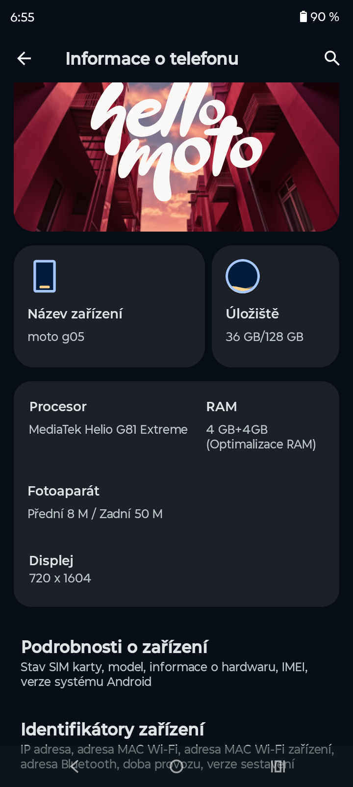 Moto G05 About screen